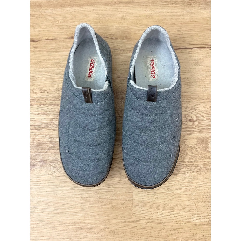 OluKai Mahana Casual Slippers Mens 13 Grey Quilted Textile Leather Slip On Shoes